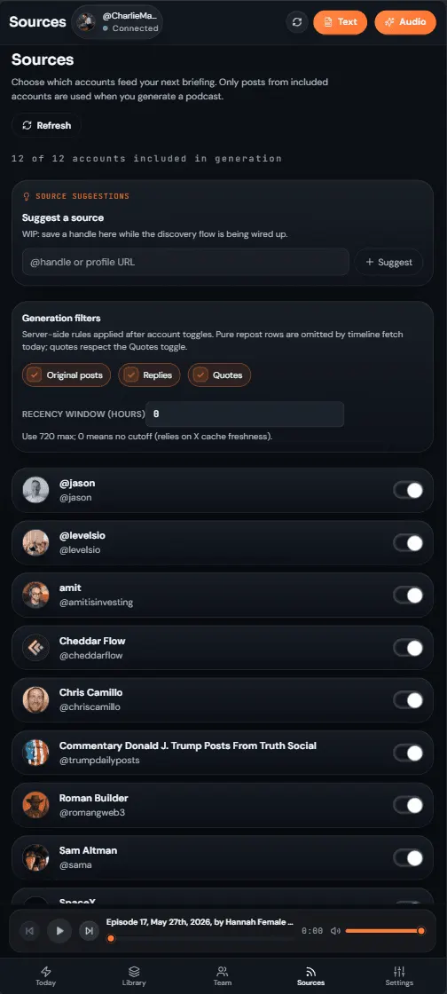 beMyPOD Sources screen